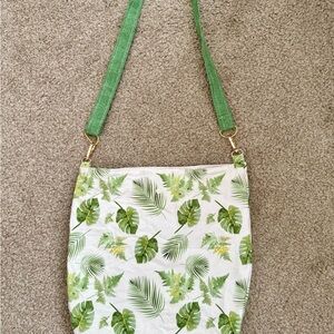 Green and White Crossbody Bag with Tropical Leaf Print